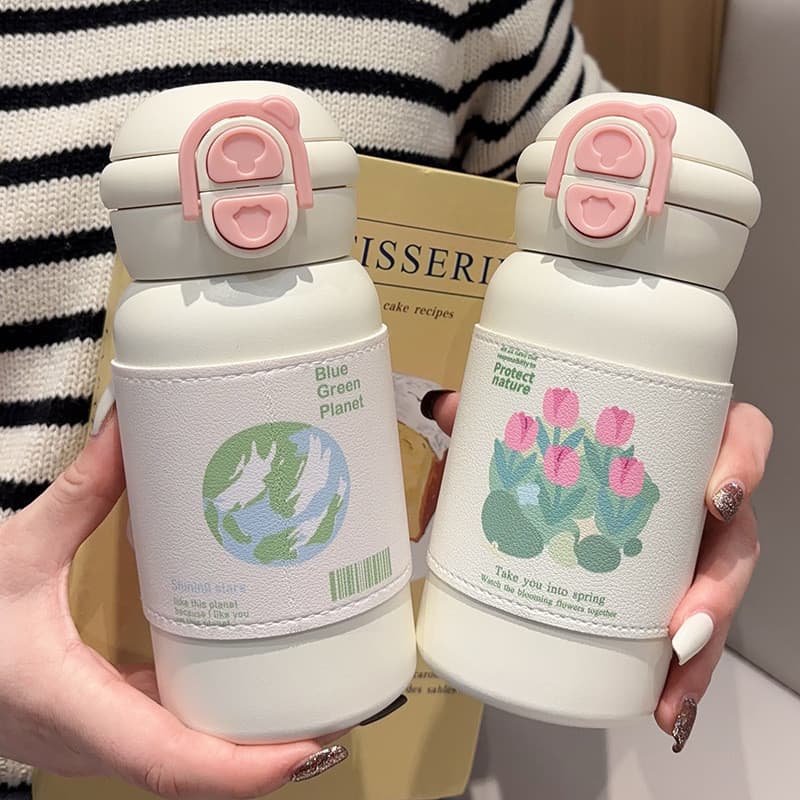 Copo térmico de tulipa, copo de água de alto valor para meninas, grande capacidade, portátil, duplo, canudo, estudante,