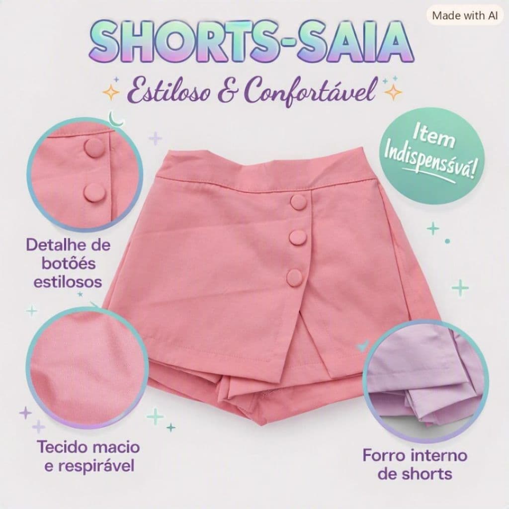 Shorts Saia Infantil Alfaiataria Blogueirinha Verão Menina 4 ao 10 Poliester Confortável