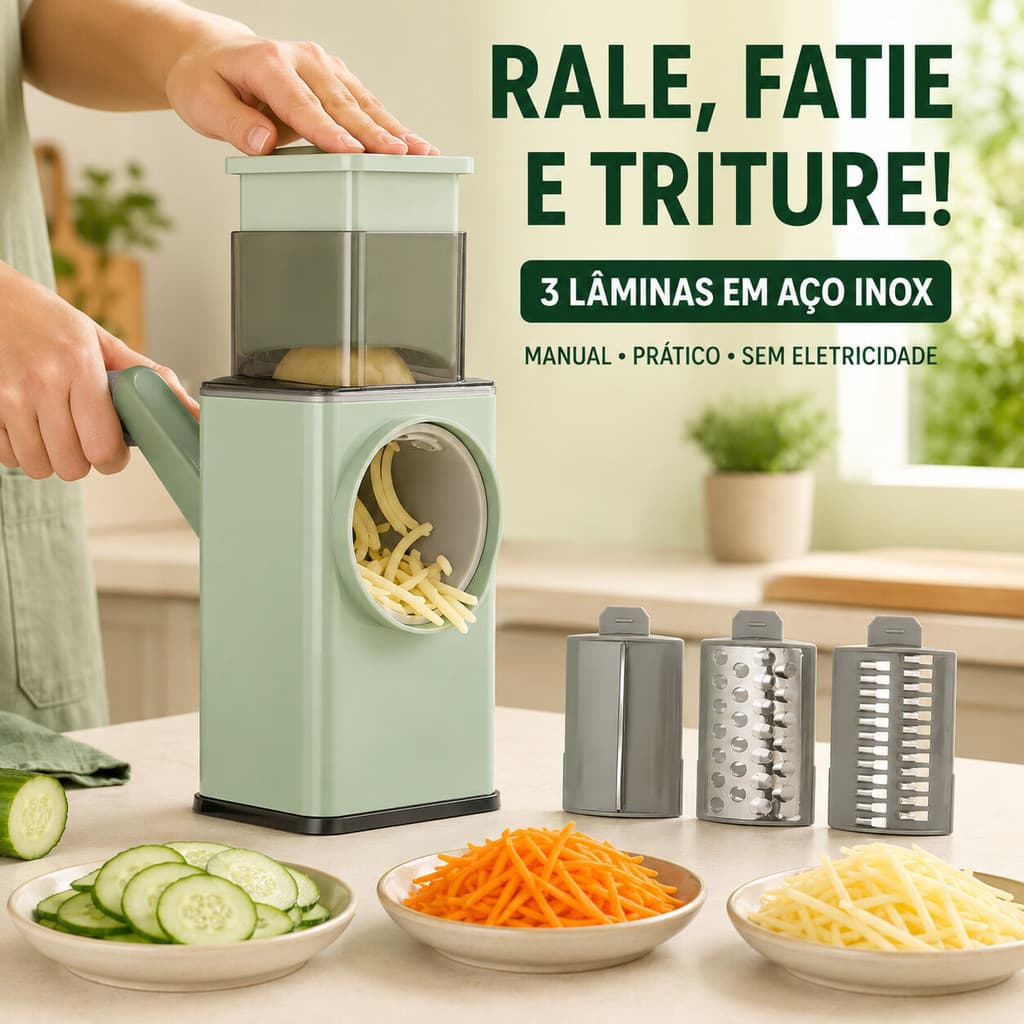 Processador Manual 3 em 1 Ralador de Queijo Cortador Fatiador de Legumes e Vegetais com Manivela