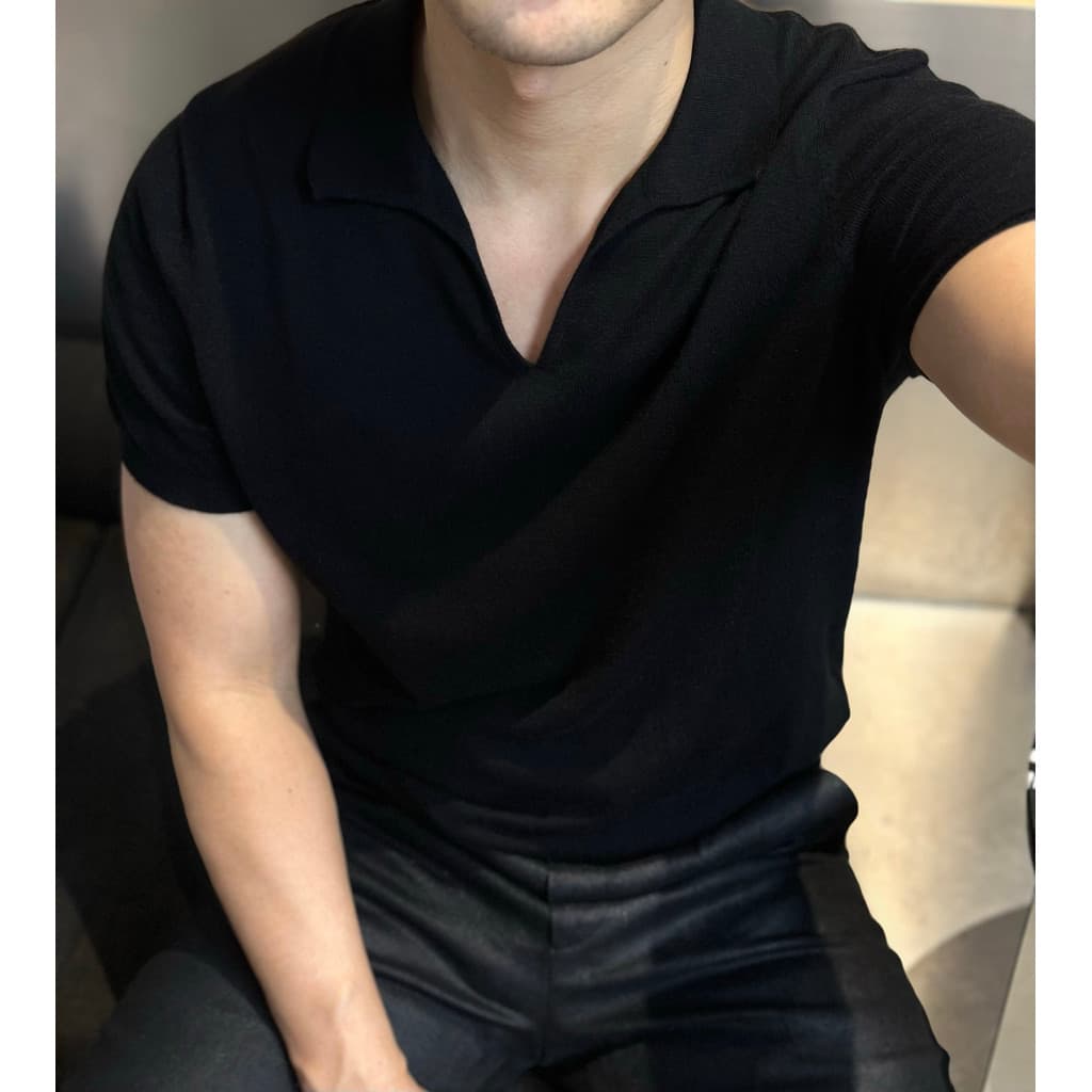 Estilo Designer gola de uma peça polo masculino verão clássico lapela camisa polo algodão seda com decote em V camisa po