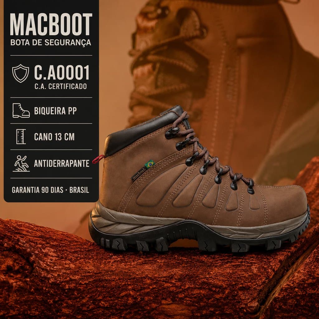 Bota Unissex de Segurança Cano Alto Macboot C.A0001 Couro Trilha Trabalho Resistente Antiderrapante