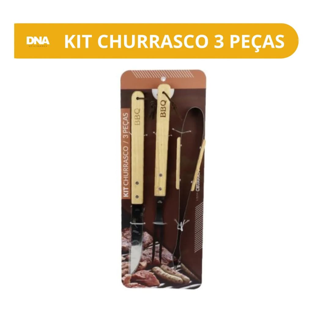 Kit Churrasco 3 Peças Aço Inox e Madeira com Faca Garfo Pegador Utensílios para Churrasqueira Carne Assado Presente