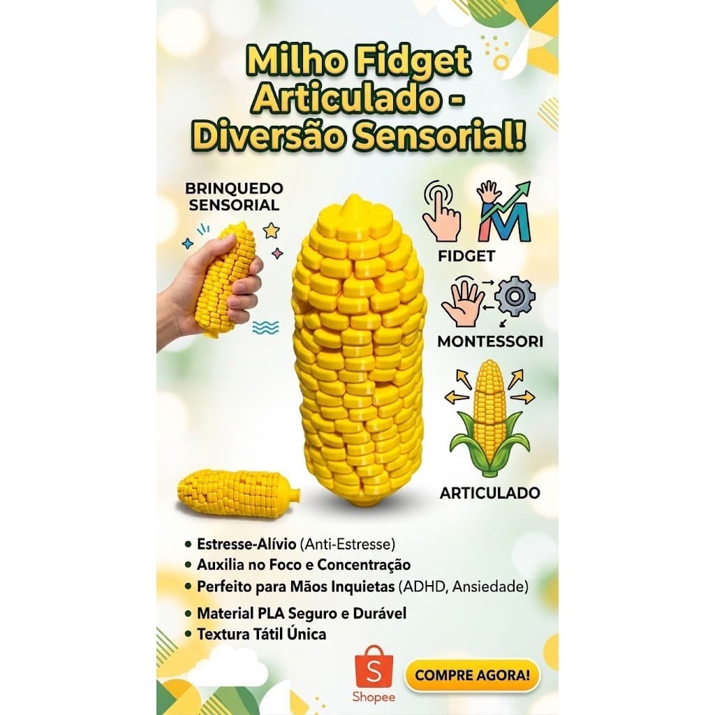 Brinquedo Terapêutico Interativo Articulado Forma Milho Comida Infantil Autismo TDAH TEA