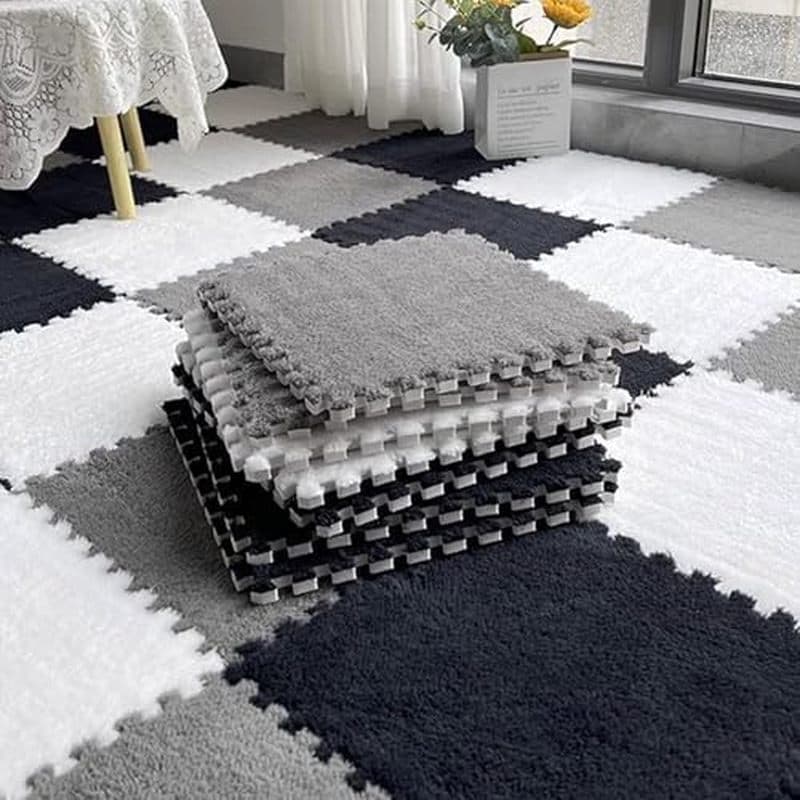 12 Peças De Tapete De Espuma De Quebra-Cabeça De Pelúcia , Macio , Grosso , Fofo , Entrelaçado , Quadrado , Azulejos , P
