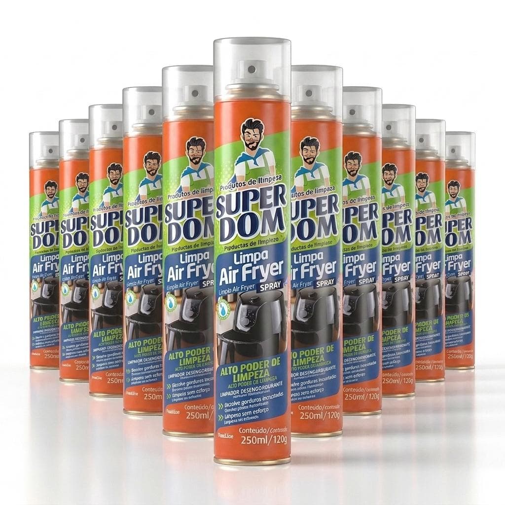 Kit 12 Limpa Air Fryer Super Dom Spray 250ml Desengordurante para Limpeza