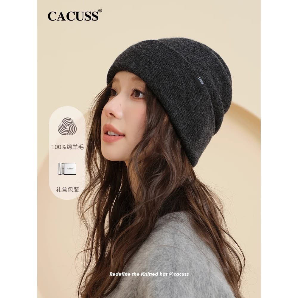 CACUSS Chapéu de lã pura feminino outono inverno chapéu de malha mantendo quente à prova de frio chapéu de confinamento