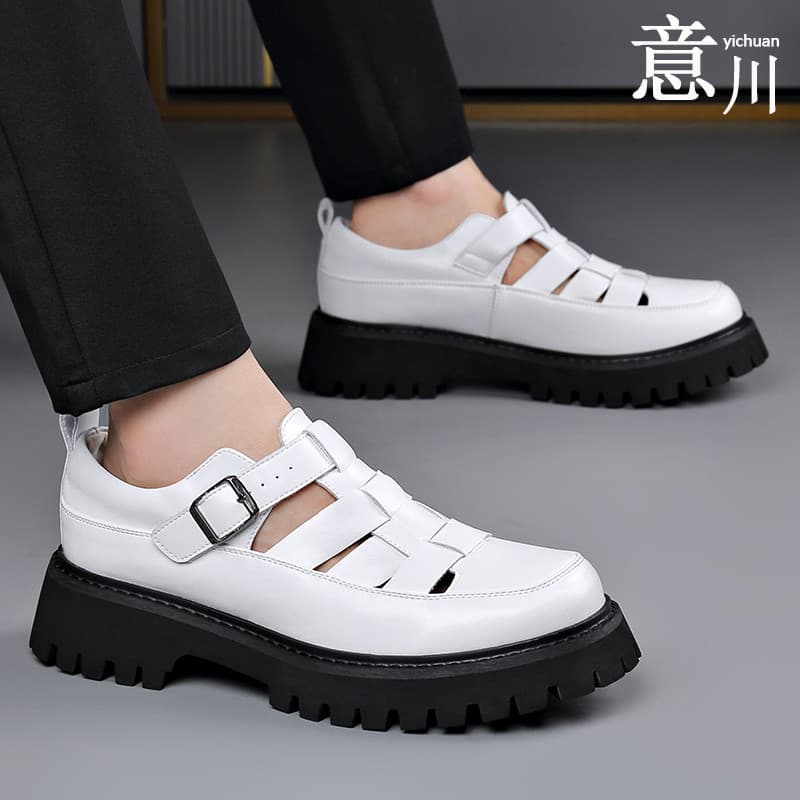 Sandálias masculinas 2025 novo estilo de couro genuíno estilo fino de um Pedal sola grossa aumentada 5cm oco Toe-coberto