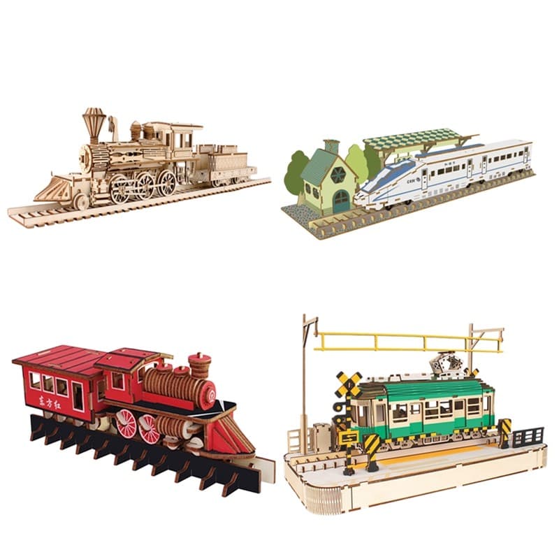 Modelo de bonde ferroviário harmonia de madeira modelo 3D montado à mão bloco de construção fazendo Material artesanal K