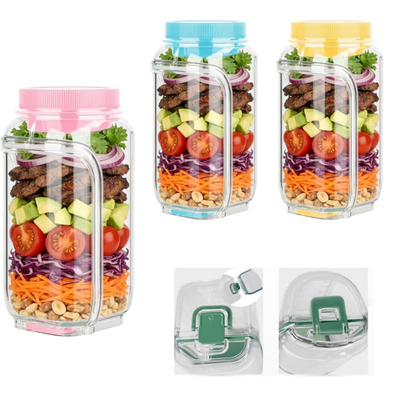 Casa uso diário criativo plástico quadrado salada armazenamento jar cozinha portátil salada jar