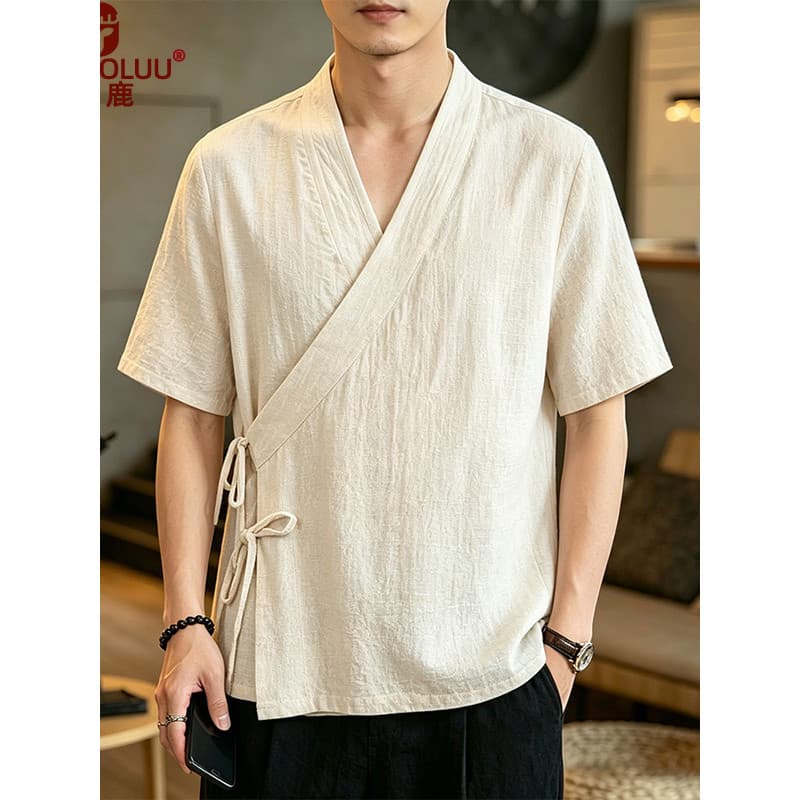 Diagonal Hanfu estilo chinês verão fino algodão linho camisa de manga curta Retro Cardigan taoísta Robe camisa solta mei