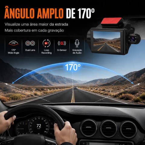 Câmera Veicular DVR Dual Lens Full HD 1080P com Câmera Traseira Tela LCD G-Sensor Gravação em Loop 170°