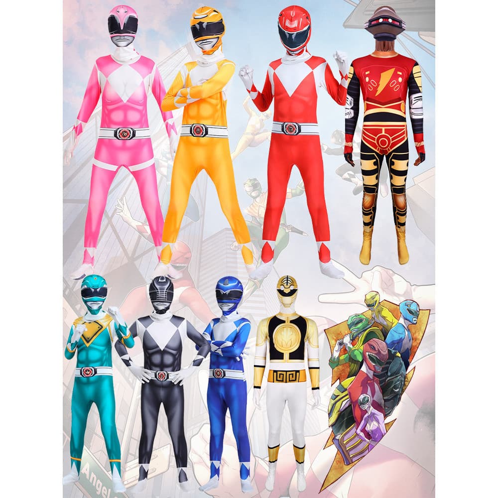 Fantasia de Power Rangers Mighty Morphin: Macacão Alpha Squad para Crianças/Adultos, Macacão de Spandex Elástico para Co