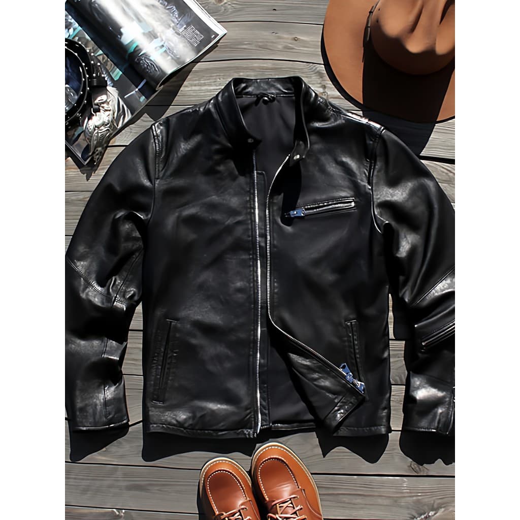 Americano Retro jaqueta de couro genuíno masculino gola alta curto jaqueta da motocicleta Batik vegetal curtido pele car
