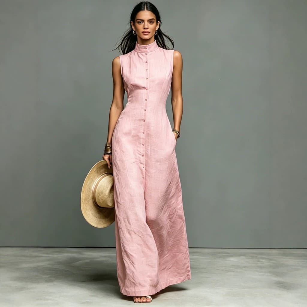 Vestido Ultra-Longo Feminino Minimalista de Tecido Misto com Gola Alta e Abotoamento Simples, Sem Mangas, Novo 2026, par