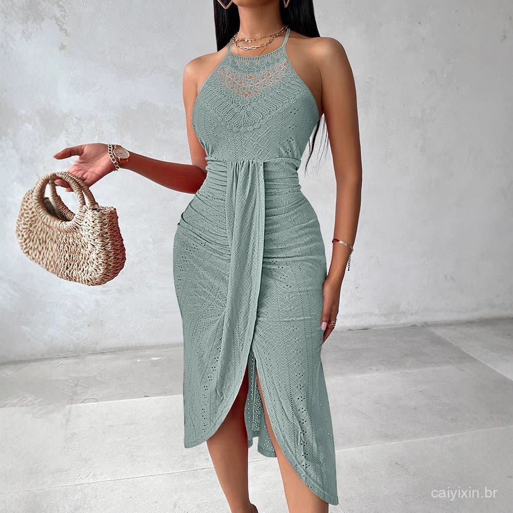 Vestido Feminino de Verão com Decote Halter, Sem Mangas, Irregular, para Festa na Praia, Casual, Saia de Comprimento Méd