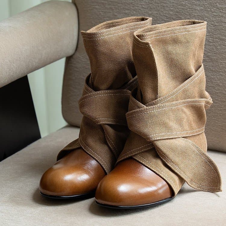 Botas Femininas de Bico Redondo, Botas Curtas Soltas com Tiras e Detalhes em Patchwork, Botas Casuais de Moda, Tamanhos
