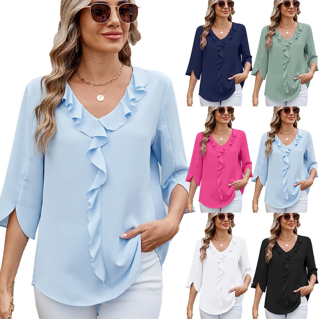 Blusa De Chiffon Solta Com Decote Em V De Verão Babados E Bainha Para Mulheres