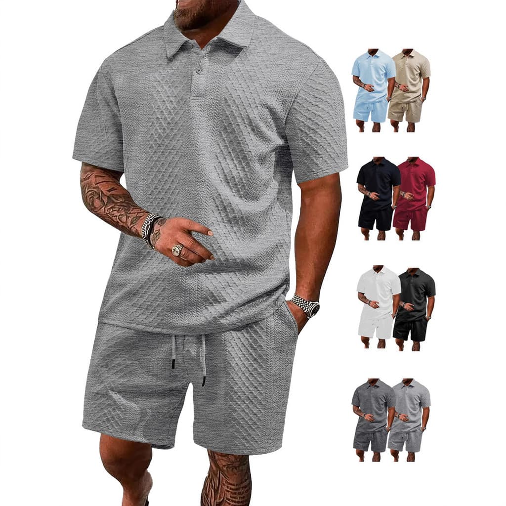 Camisa Polo Jacquard + Shorts Verão Masculino Casual Conjunto De Duas Peças