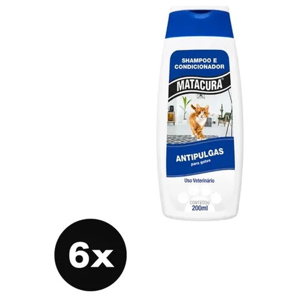 Kit 6 Shampoo Matacura Antipulgas Gatos 200ml Condicionador 2 em 1 Higiene Felino Pelagem Macia 1200ml