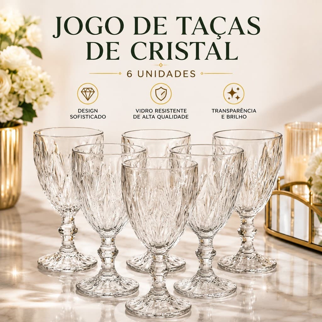 Jogo de Taças de Vidro Vintage Lapidada 6 Peças 330ml Presente para Casamento Mesa Posta Decoração Bela Flor