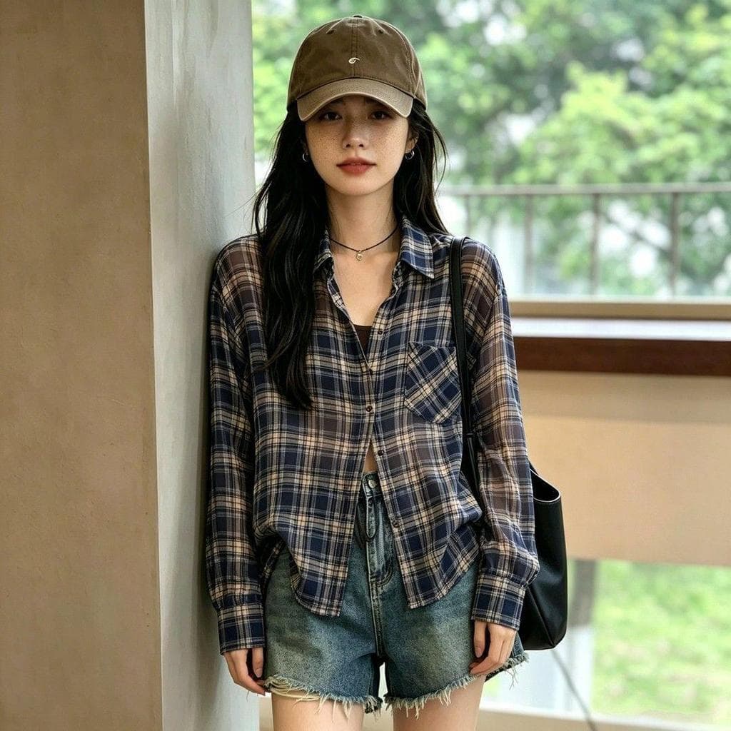 [Venda por tempo limitado] Jaqueta protetora solar de Chiffon, camisa xadrez de manga comprida, novo estilo, Popular, ve