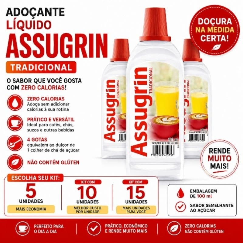 Adoçante Líquido Assugrin Tradicional 100ml Kit 5, 10 ou 15 Unidades
