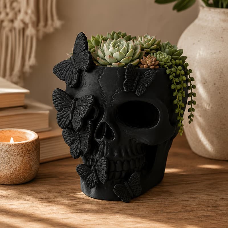 3D Halloween Borboleta Crânio Cabeça Planta Pote Decoração Estilo Gótico Casa Desktop Acessórios Suculenta Vaso Ornament