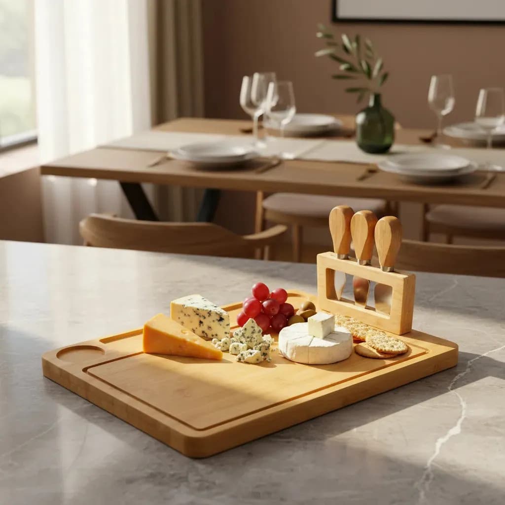 Tábua Petisqueira Bambu para Frios Queijos Aperitivos 3 Espátulas Inox com Suporte Tábua de Servir Presente Gourmet