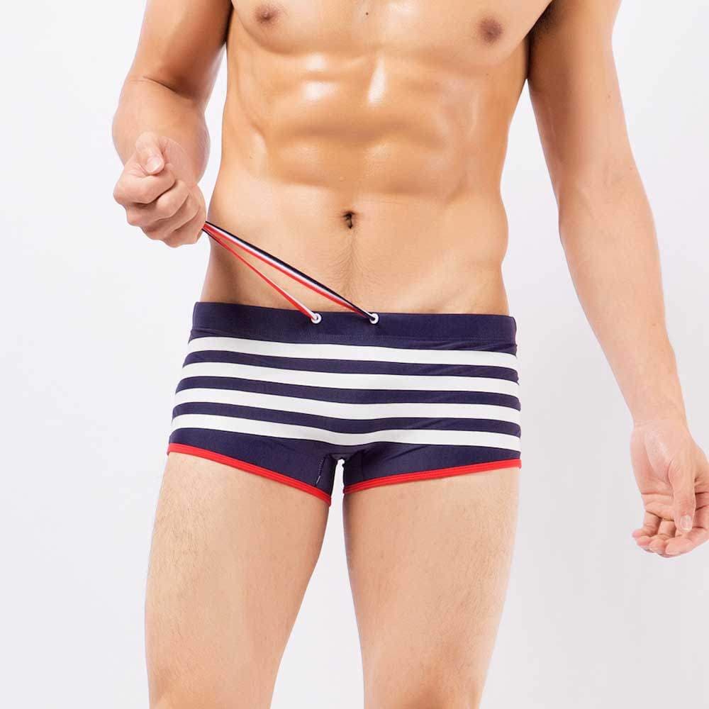 Caixa Boxer troncos de natação cor marinha série listra impressão Design masculino tamanho grande estiramento tecido pol