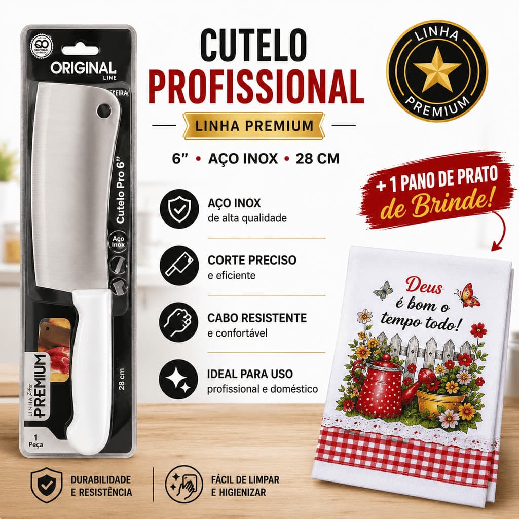 Cutelo Profissional 6" Aço Inox 28cm Linha Premium Faca para Carne Açougue Cozinha