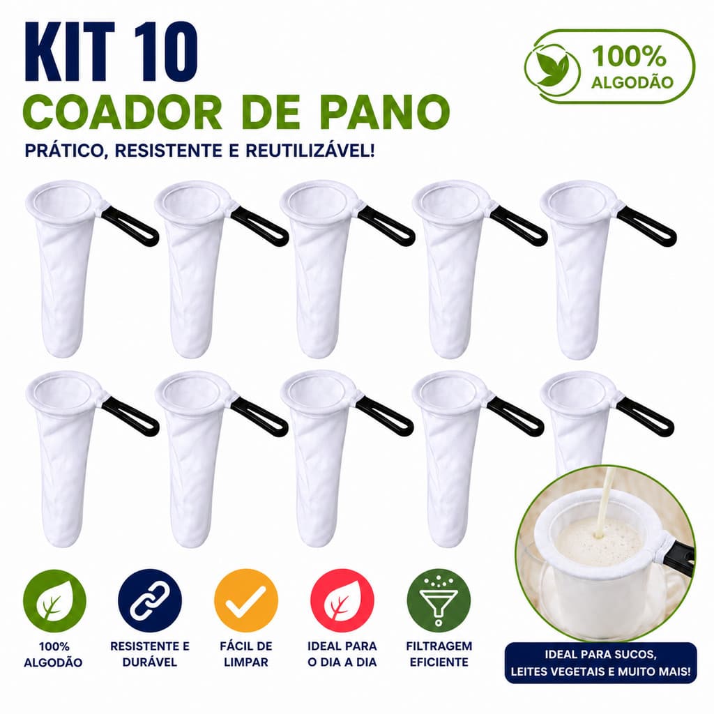 Kit 10 Coador de Café de Pano Tamanho Grande Filtro Reutilizável e Sustentável