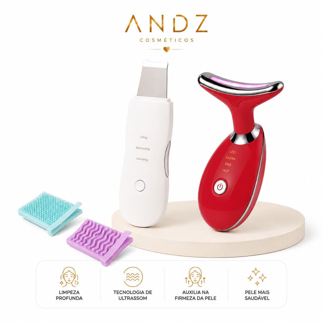 Kit Skin Care Espátula Ultrassônica + Massageador Facial LED Lift Limpeza Facial