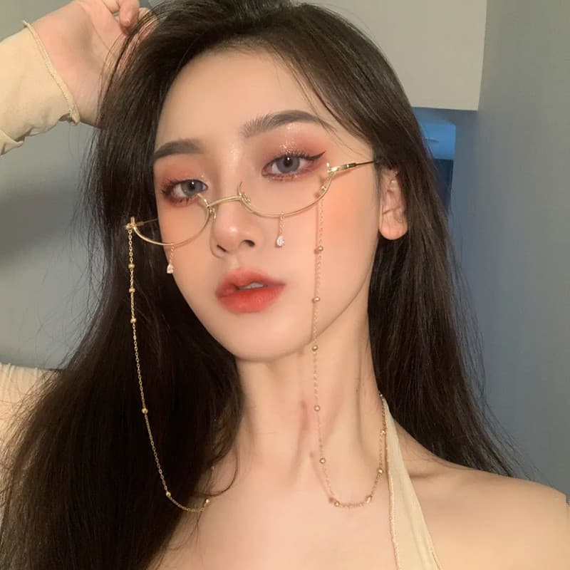 Harajuku estilo pingente lágrima óculos quadro feminino Retro meia armação sem lentes quadro pingente cor lisa com corre