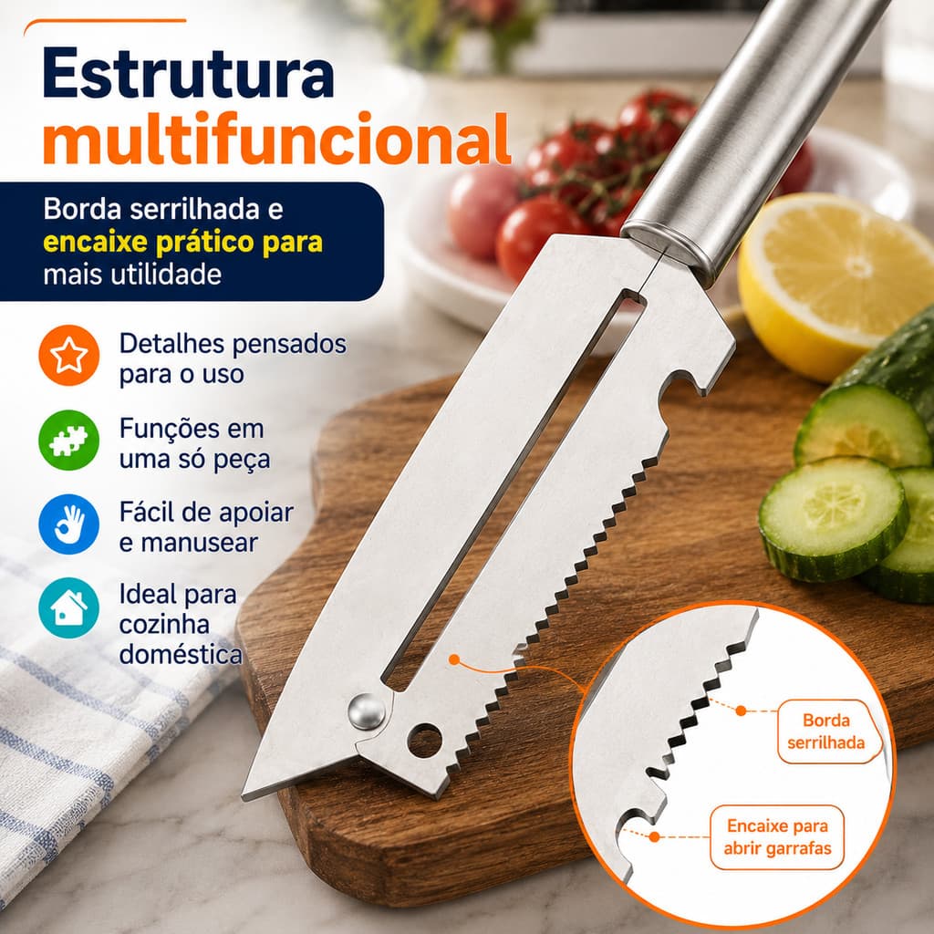 Descascador Faca Multifuncional 3 em 1 Inox com Fatiador Descamador e Estrutura Durável para Preparação de Alimentos