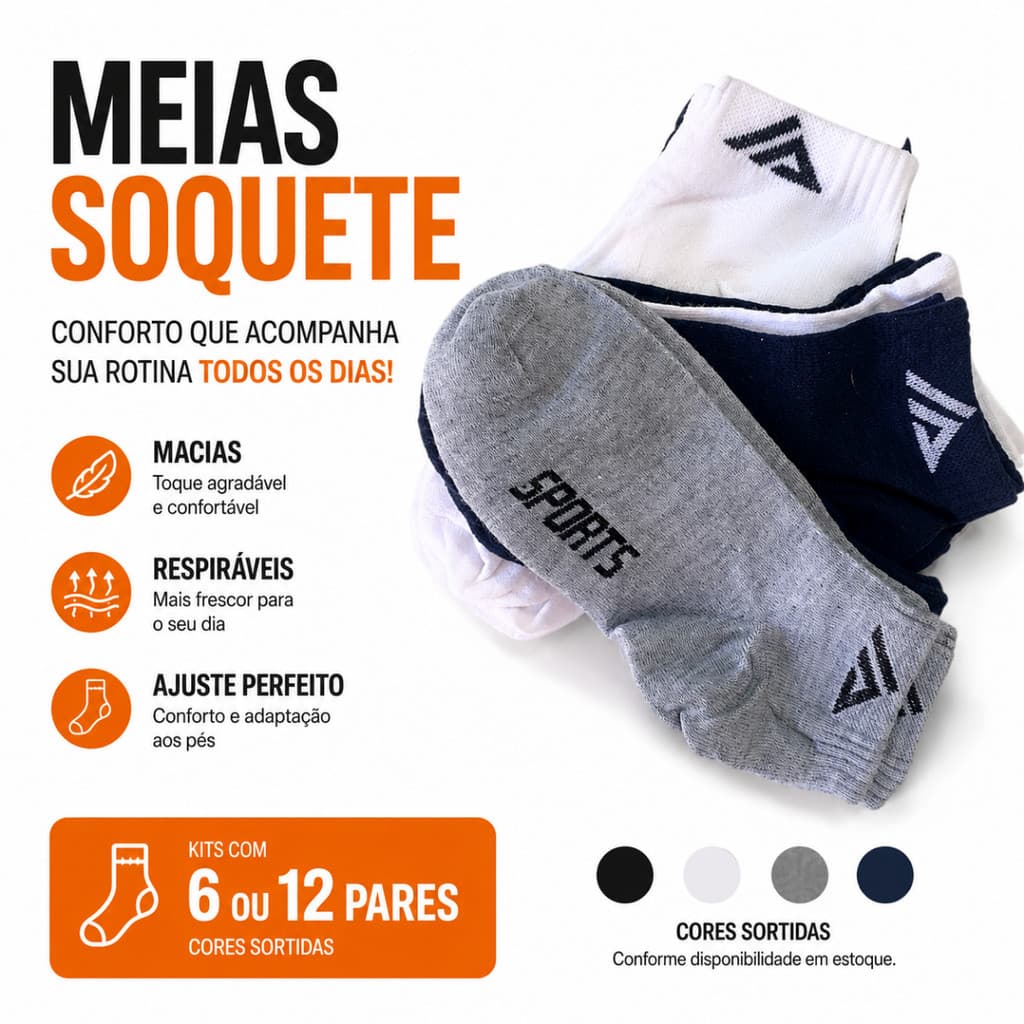Kit 12 Pares de Meias Soquete Esporte Cano Curto Algodão  Unissex Esportiva