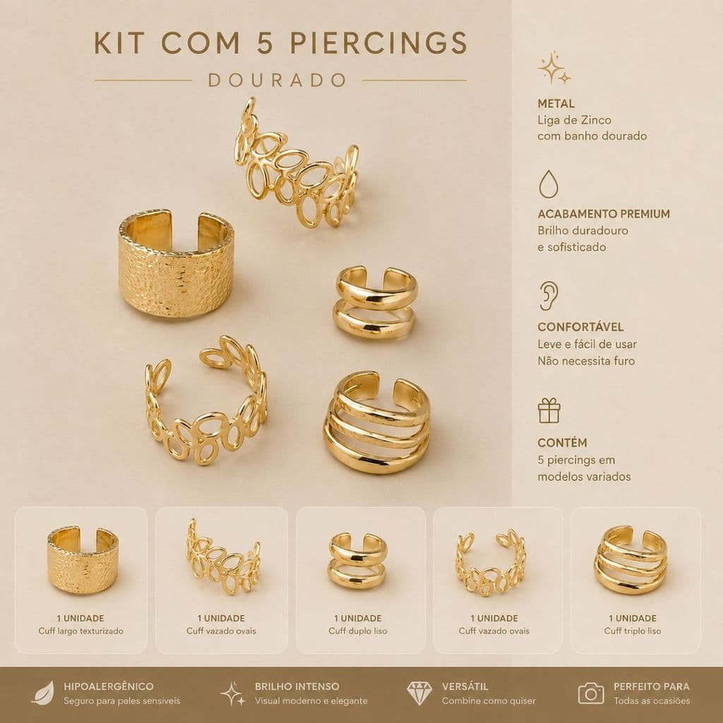 Kit Piercing Encaixe Dourado Feminino Orelha Pressão Aço 5