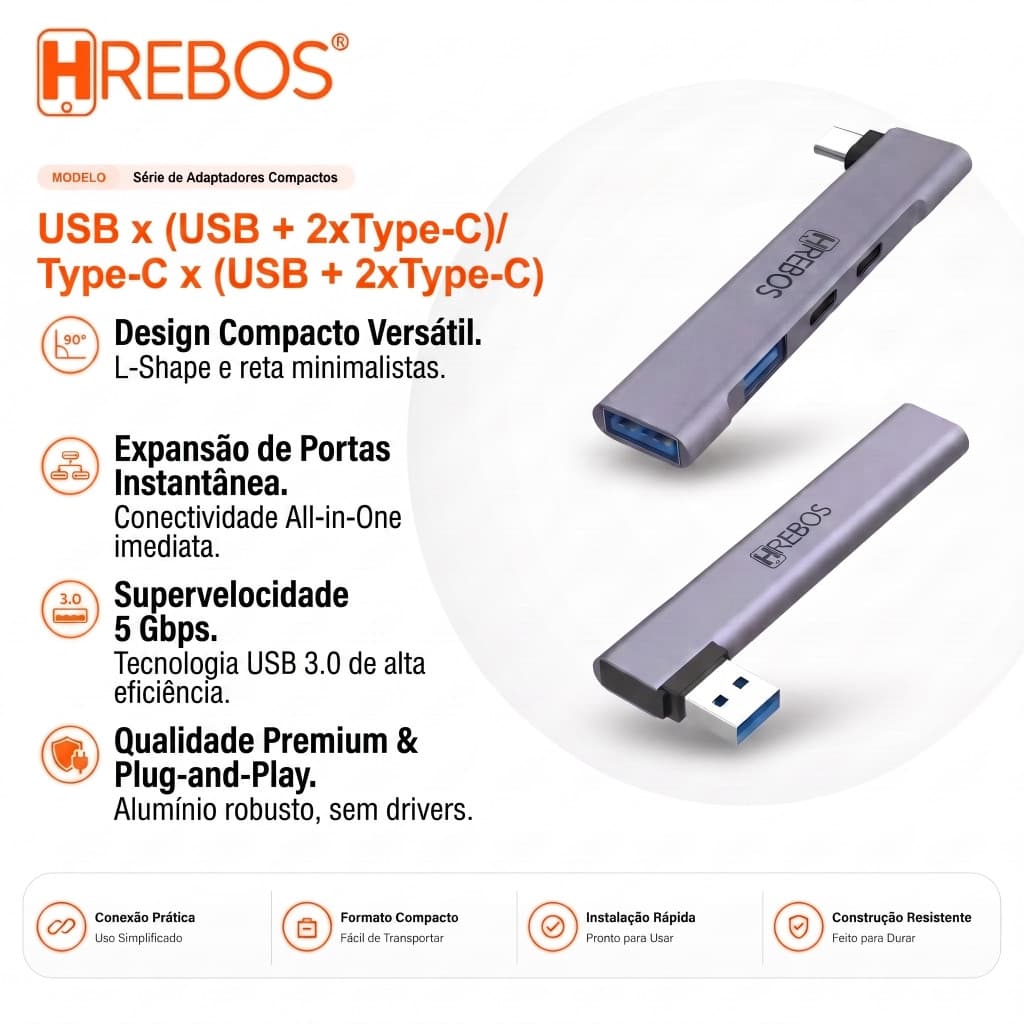 HREBOS Hub Tipo C Angular Adaptador Multifuncional Liga de Alumínio 4 em 1, 2*USB +2 Porta Tipo C PD Carregamento Rápido