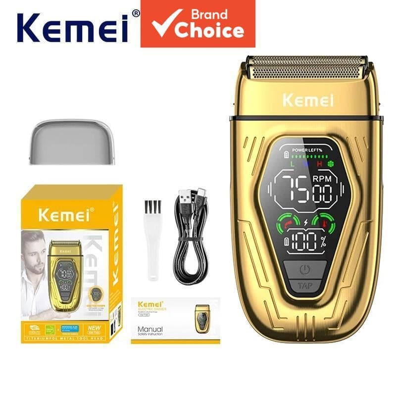 Barbeador de Folha Profissional Kemei, Barbeador Elétrico Recarregável Sem Fio para Homens, com Lâminas Duplas de Alta