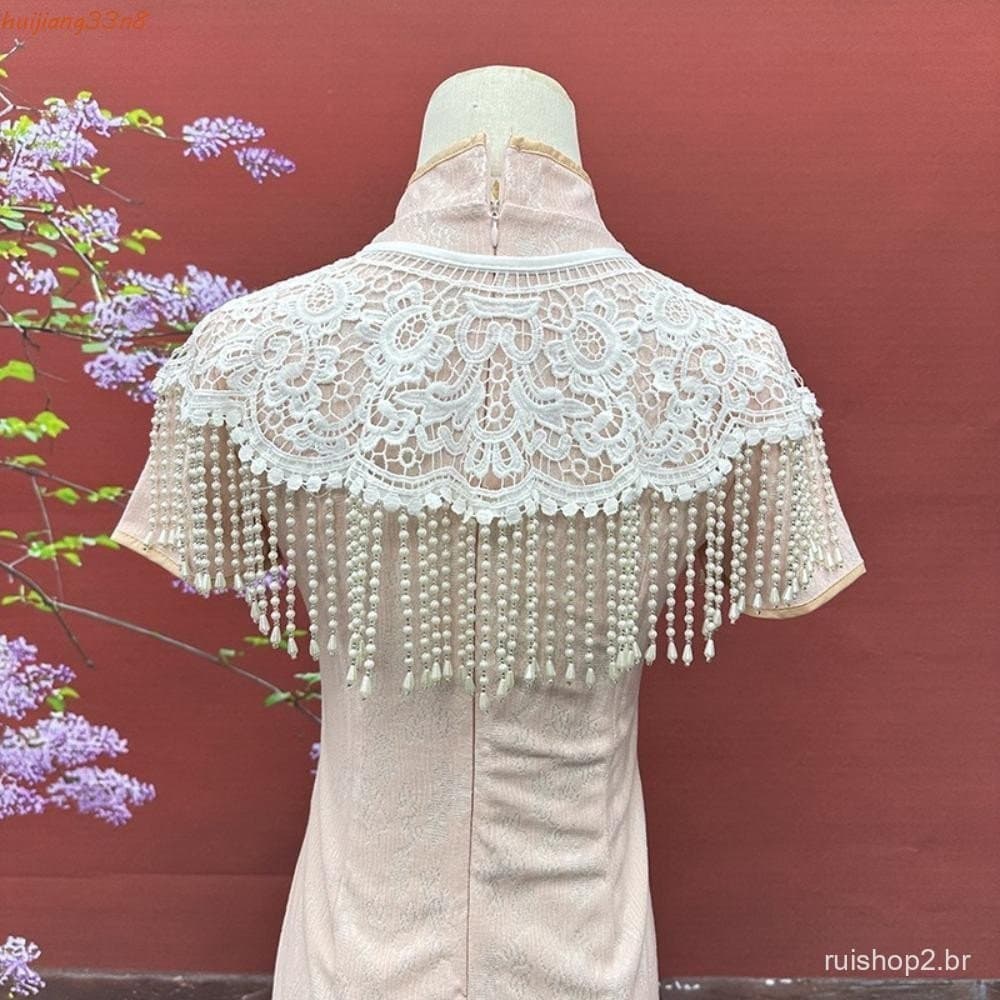 HUIJIANG Xale De Borla De Pérola , Cheongsam Feito À Mão Vintage , Acabamento De Renda Com Gola Falsa