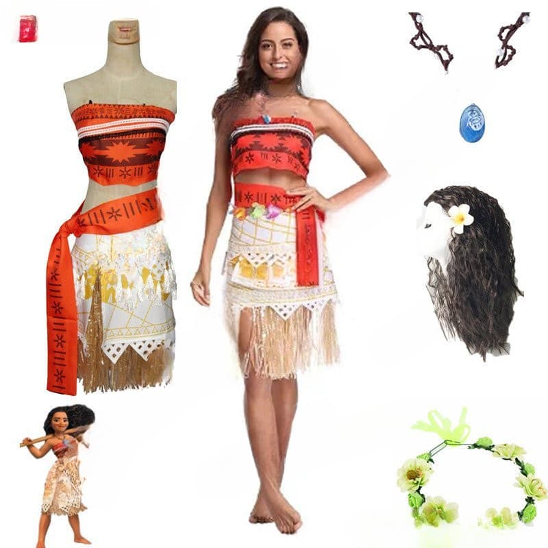 Fantasia da Disney Moana para Mulheres Adultas com Peruca, Top e Saia para Festa de Carnaval LLZ4