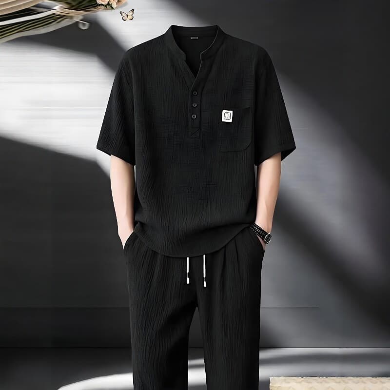 High-End novo estilo chinês legal terno calças de verão de meia-idade novo estilo com decote em V camiseta de manga curt