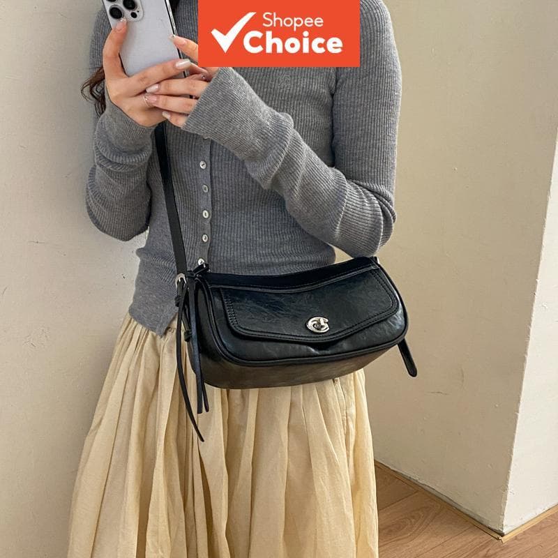 Bolsa de ombro de couro de cera de óleo vintage feminina, bolsa tiracolo com fecho de trava, bolsa tiracolo casual com