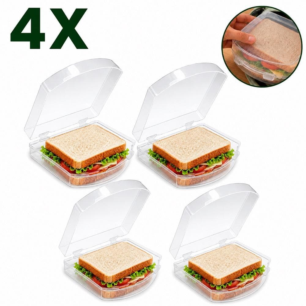 KIT 4 PORTA LANCHE SANDUICHE LANCHEIRA TRANSPARENTE SANDUICHEIRA PORTATIL COM TRAVA BPA FREE POTE ALIMENTO ESCOLAR ESCRI