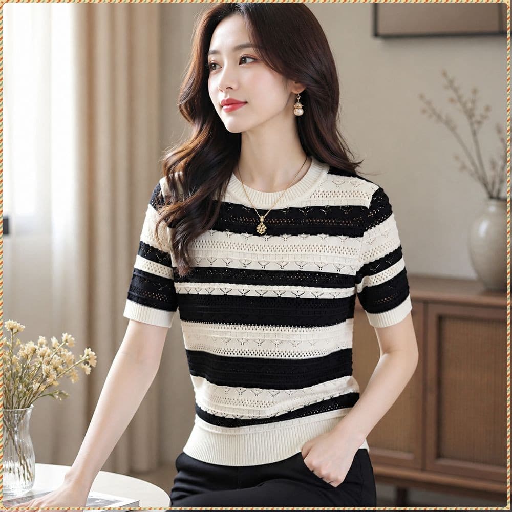 Top De Malha Listrado  , Camiseta Feminina Listrada Com Ombro Regular Cool Touch , Ajuste Solto