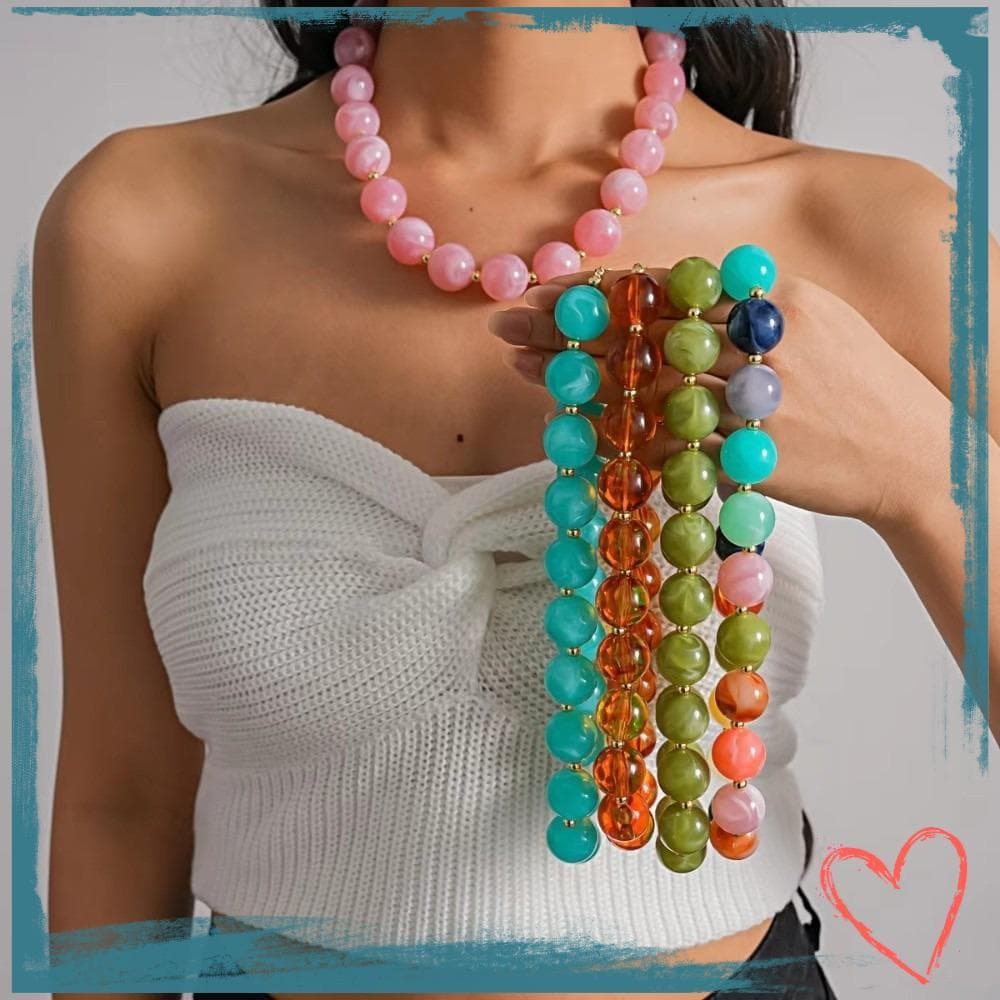 Colar Gargantilha , De Contas Acrílicas Estilo Boêmio Com Design Robusto , Conjunto De Pulseira Acrílica Multicolorida