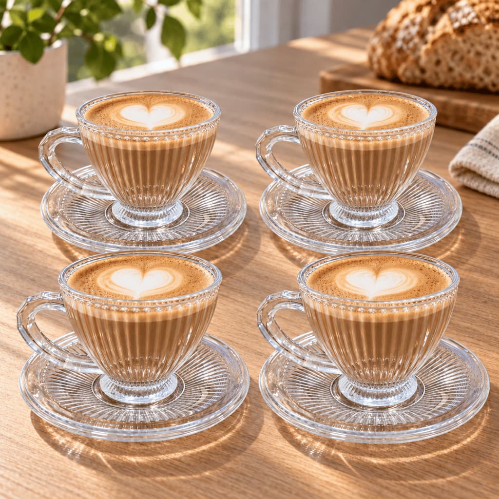 Jogo de Xicara 8 Peças de Vidro COM PIRES TRACY 180ml - Xícara Chá Café Vidro Kit Mesa Posta