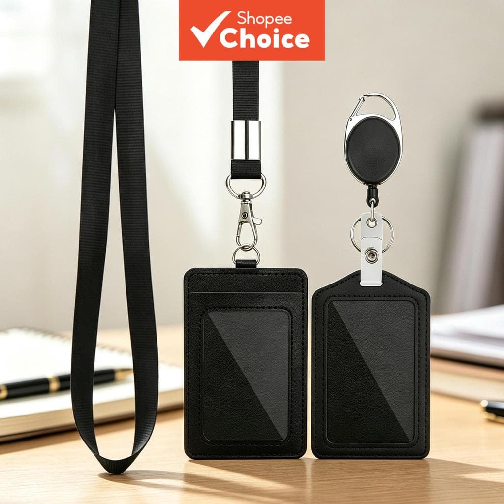 2 peças Porta-cartão de Identificação em Couro PU Preto com Carretilha para Crachá e Cordão Retrátil, Cordão de