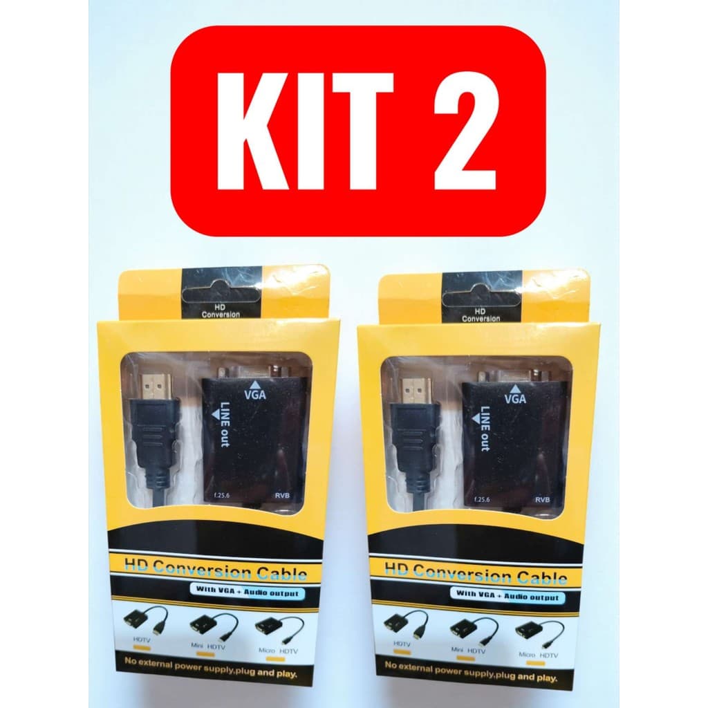 Kit 2 Cabo Conversor Adaptador Hdmi Para Vga Com Saída P2 Áudio