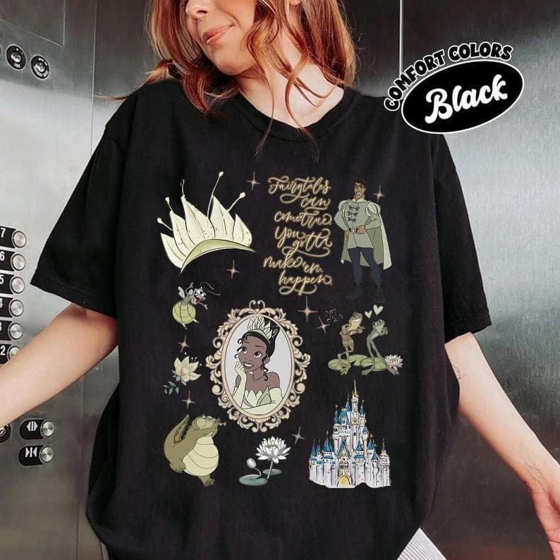 Camiseta Feminina Casual E Estilosa De Algodão Com Estampa Da Princesa E O Sapo Da Disney