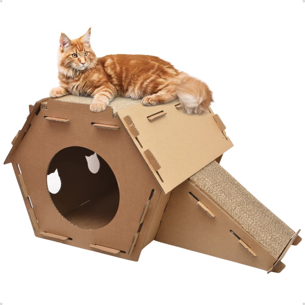 Brinquedo Arranhador de Papelão Resistente Ondulado Afia Unhas Gatos Casa Casinha com Rampa Petliz